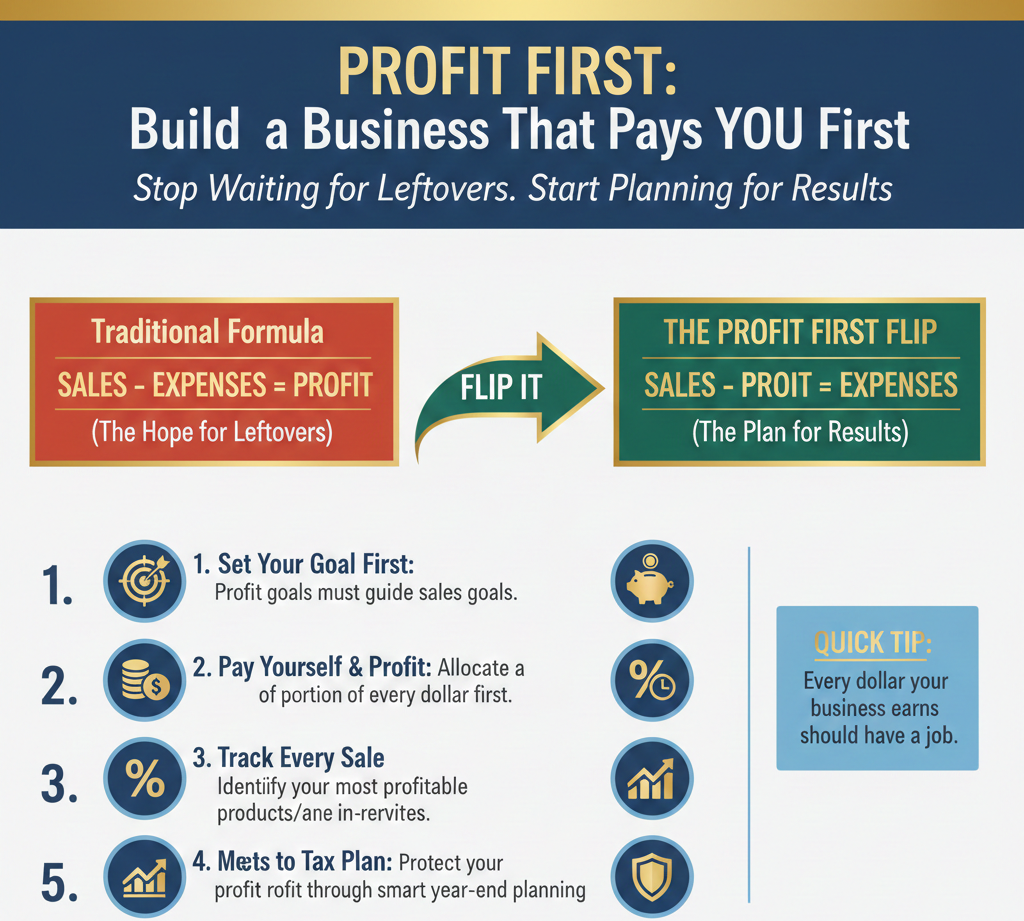 Infographic detailing the "Profit First" financial method for small businesses. The graphic contrasts the Traditional Formula (Sales – Expenses = Profit) with the Profit First Formula (Sales – Profit = Expenses), featuring a green "FLIP IT" arrow in between. The central part highlights the 5-Step System for implementation: Set Your Goal First: Profit goals must guide sales goals (Icon: Target). Pay Yourself & Profit: Allocate a portion of every dollar first (Icon: Piggy Bank). Track Every Sale: Identify your most profitable products/services (Icon: Percentage Sign). Meets to Tax Plan: Protect your profit through smart year-end planning (Icon: Shield and Graph). A sidebar includes a Quick Tip: "Every dollar your business earns should have a job." The bottom includes the attribution: WayneBelisle.com.
